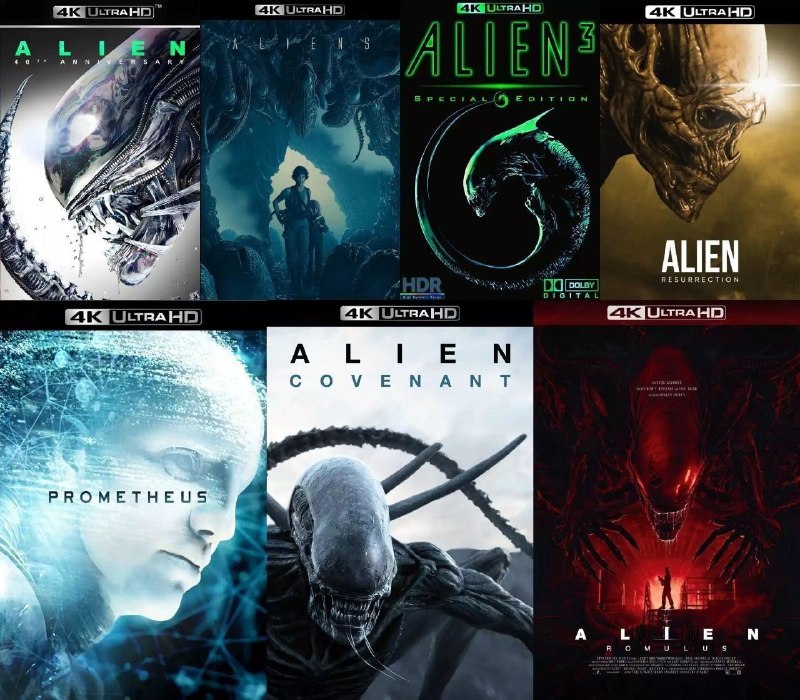 🎬 已更新：异形系列 (七部合集)【4K.REMUX UHD 原盘】【HDR& 杜比视界】【国英多音轨】【内封简繁英双语特效字幕】📌 资源信息• 体积：347GB• 标签：#异形 #4K #蓝光原盘 #特效字幕 #合集 #电影📚 内容简介《异形七部合集》完整收录了自 1979 年至 2024 年的全部“异形”系列电影，包括《异形》《异形 2》《异形 3》《异形 4：异形复活》《普罗米修斯》《异形：契约》以及最新的《异形：罗慕路斯》
